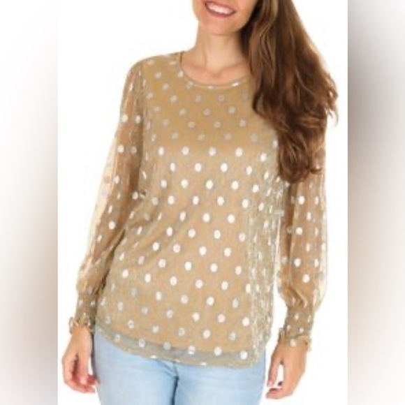 Adriana Papell Gold Silver Holiday Dressy Long Sleeve Blouse, Size Medium